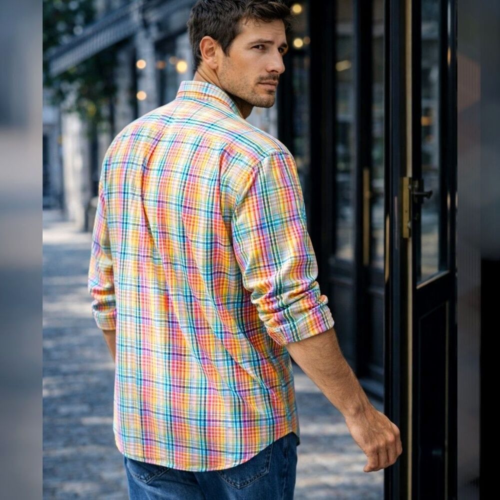 Enro Men’s XXL Rainbow Button Down Shirt Plaid Non-Iron 100% Cotton Tailored - Picture 2 of 9
